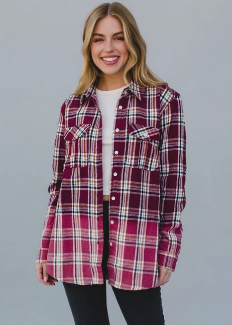 Dip Fade Plaid Flannel - Maroon