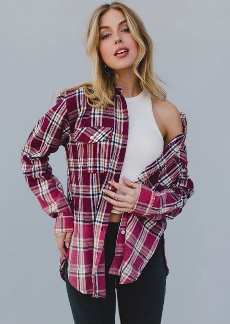 Dip Fade Plaid Flannel - Maroon