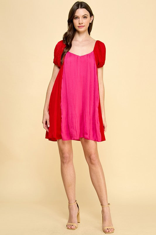 Color Block Mini Pleated Dress