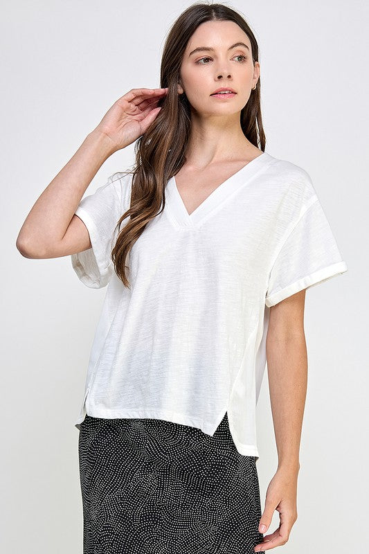 Slub Knit V-Neck Top - White