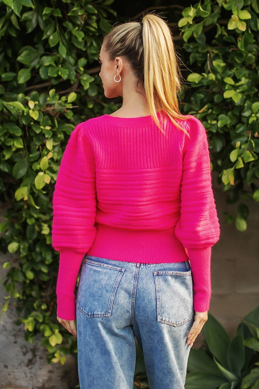 Ribbed Extended Cuff Sweater - Pink