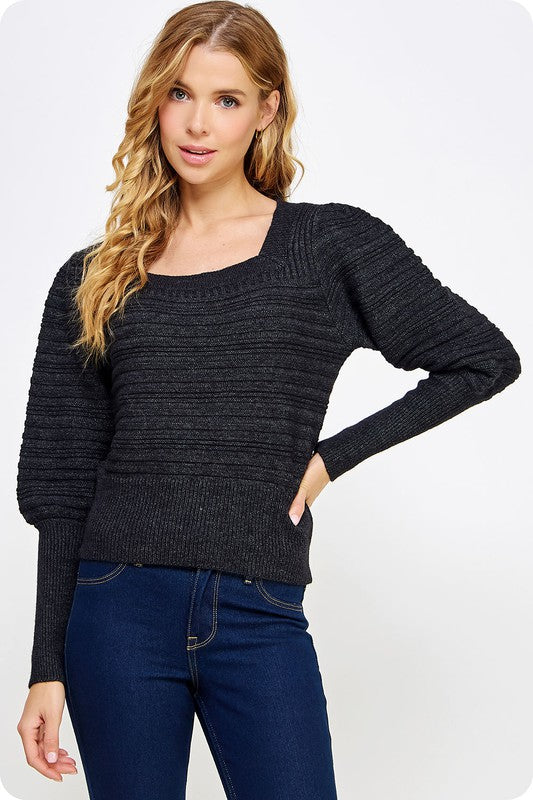 Ribbed Extended Cuff Sweater - Charcoal