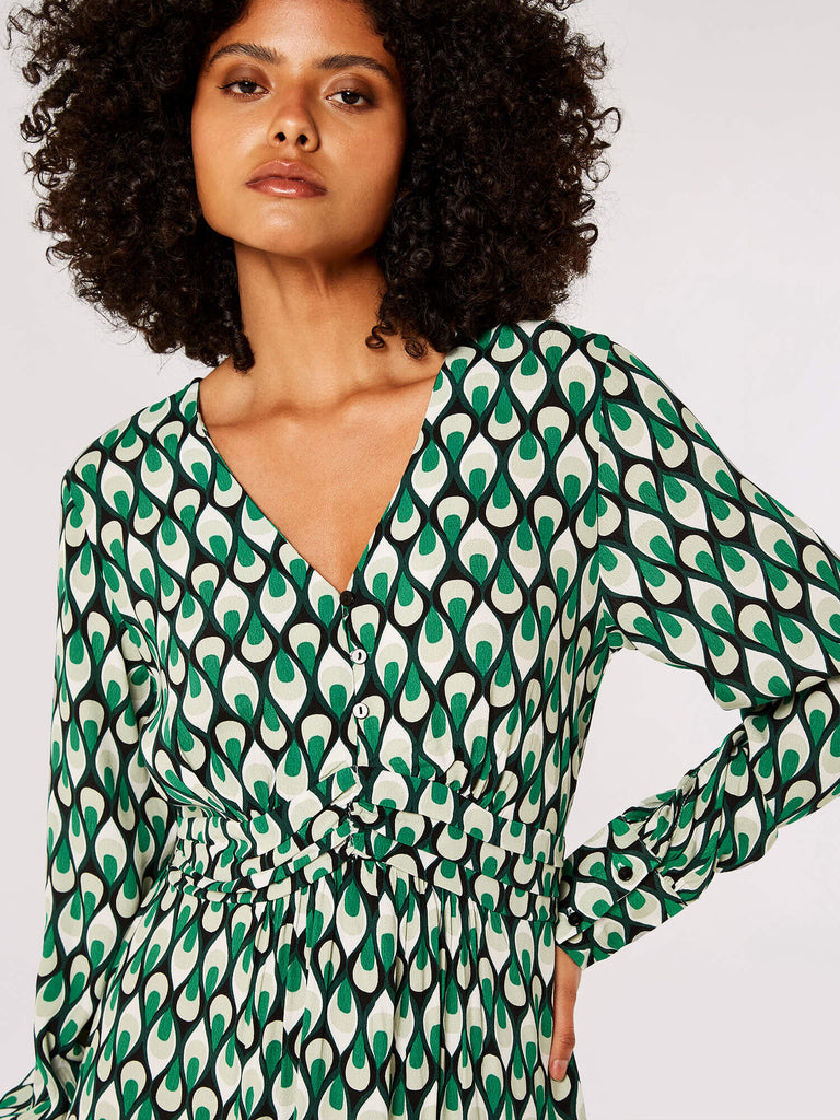 Green Geo Print Midi Dress