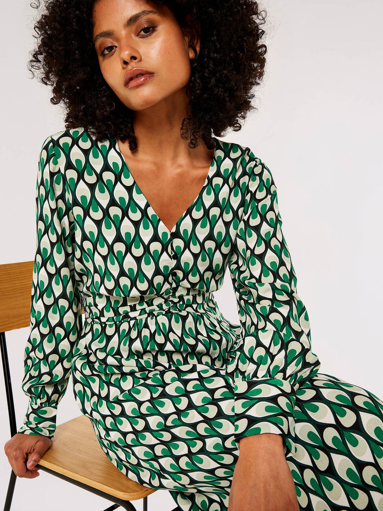 Green Geo Print Midi Dress