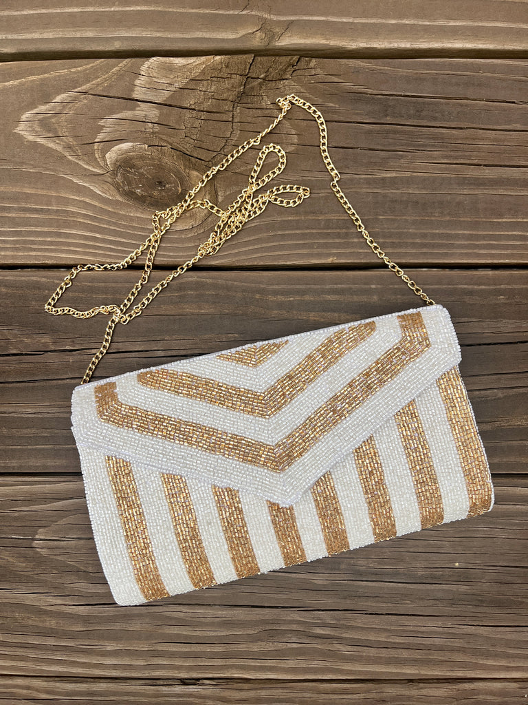 Gold Metallic Seed Beaded Clutch Crossbody Handbag