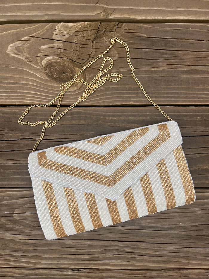 Seed Bead Crossbody Clutch - Gold Chevron