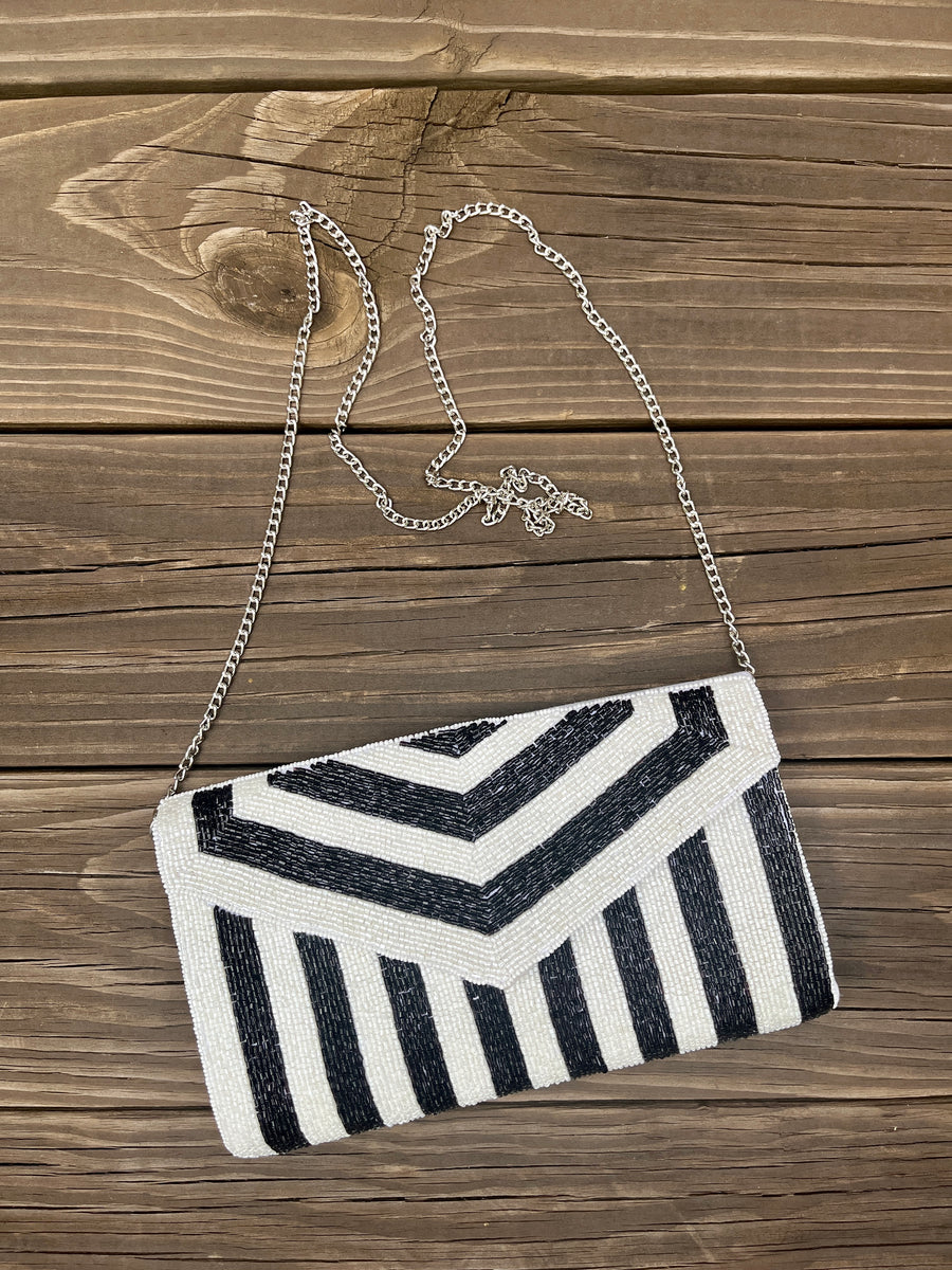 Seed Bead Crossbody Clutch - Black Chevron