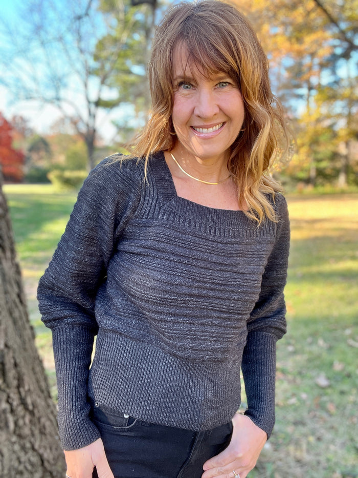 Ribbed Extended Cuff Sweater - Charcoal