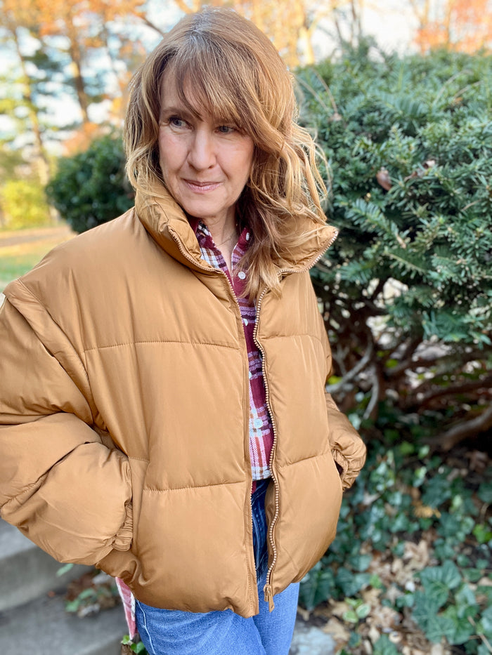Zip Sleeve Puffer Coat - Brown