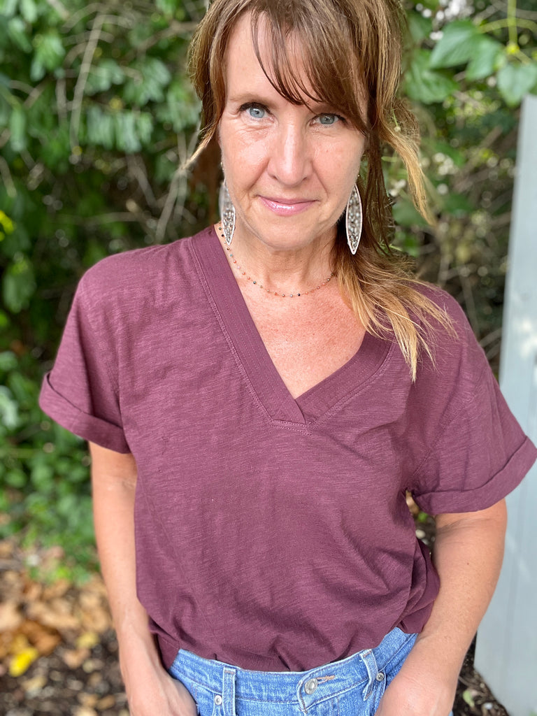 Slub Knit V-Neck Top - Maroon