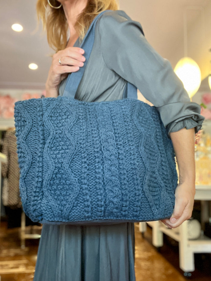 Cable Knit Tote - Blue
