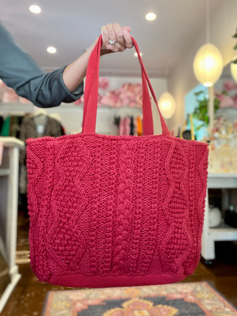 Cable Knit Tote - Red