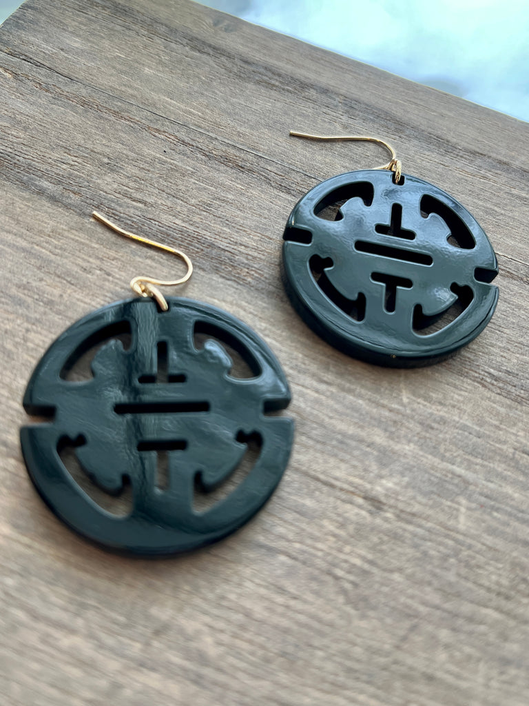 Resin Medallion Earrings - Black
