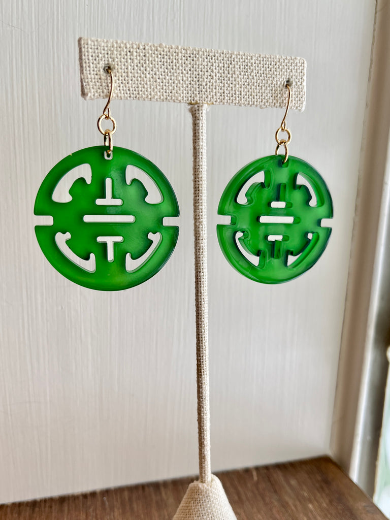 Resin Medallion Earrings - Green