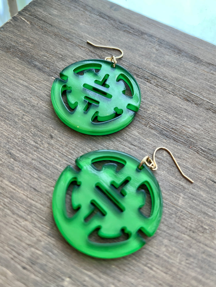 Resin Medallion Earrings - Green