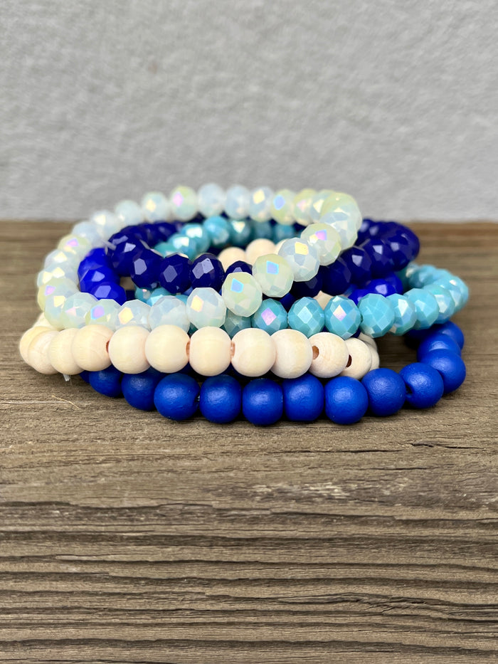 Wood & Faceted Bead Bracelet Stack - Blues