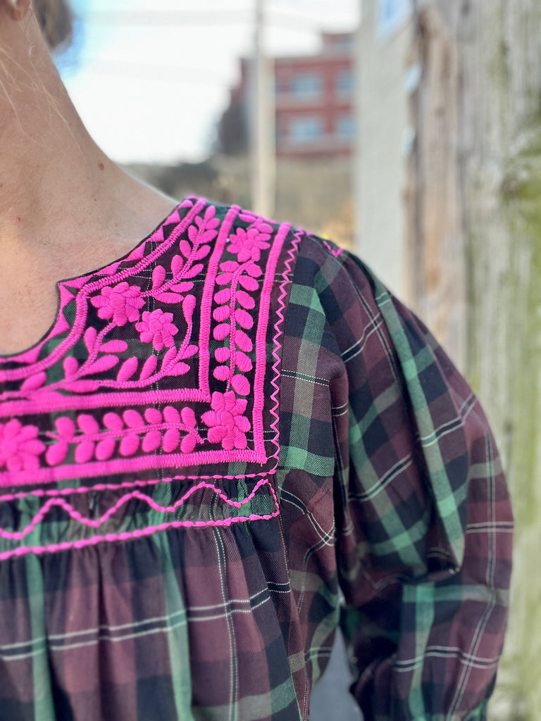 Plaid Top w/ Hot Pink Embroidery - SALE