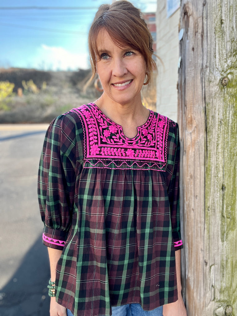 Plaid Top w/ Hot Pink Embroidery - SALE