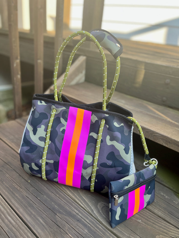 Neoprene Tote Bag - Camo w/ Purple & Orange Stripes
