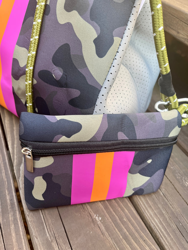 Neoprene Tote Bag - Camo w/ Purple & Orange Stripes