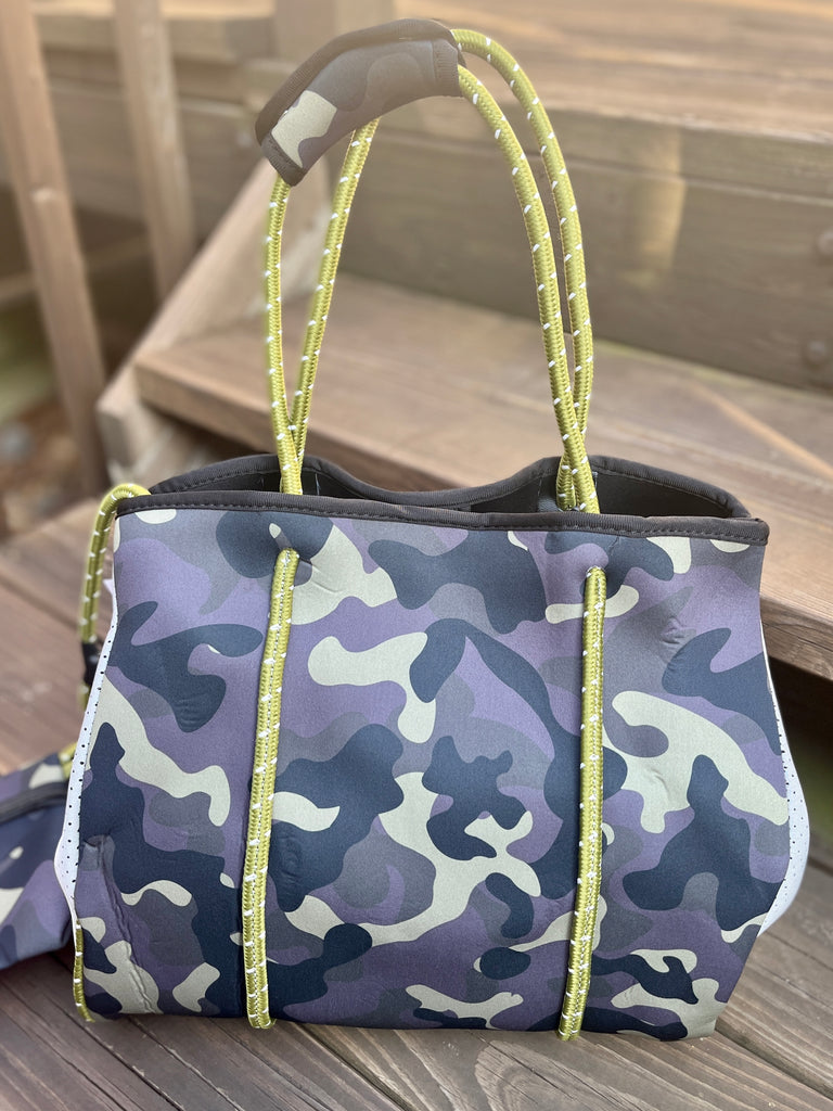 Neoprene Tote Bag - Camo w/ Purple & Orange Stripes
