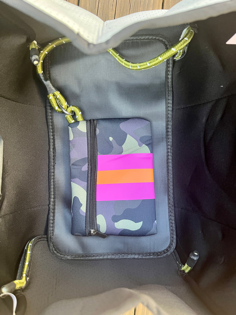 Neoprene Tote Bag - Camo w/ Purple & Orange Stripes