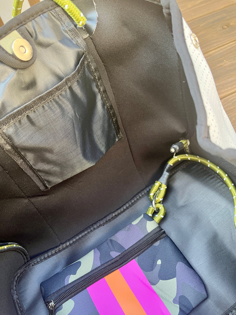 Neoprene Tote Bag - Camo w/ Purple & Orange Stripes