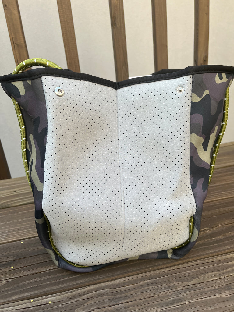 Neoprene Tote Bag - Camo w/ Purple & Orange Stripes